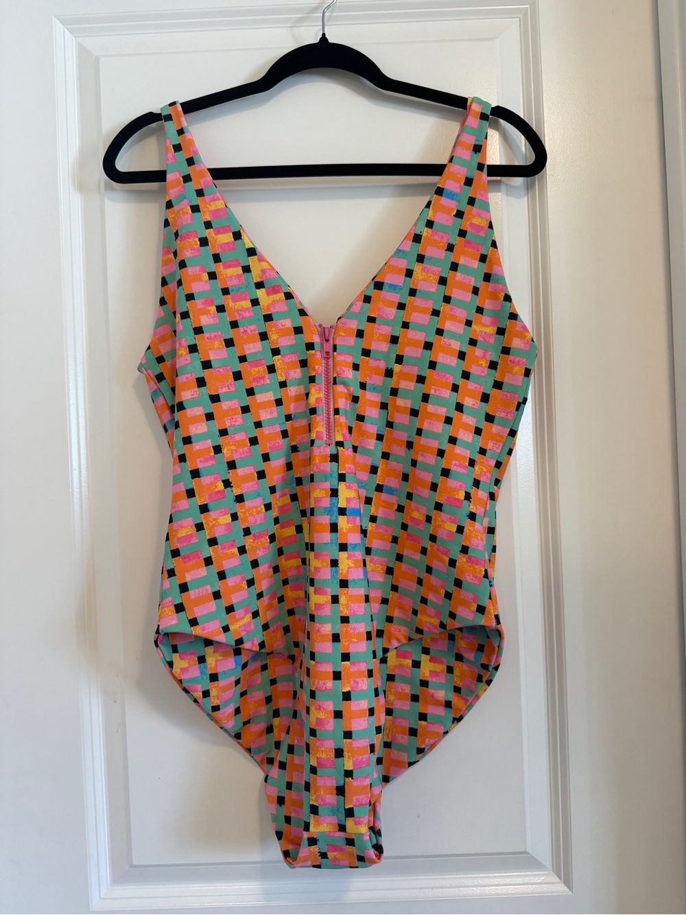 Skatie Pink Orange Green Blue Geometric One-Piece Swimsuit with Front Zip